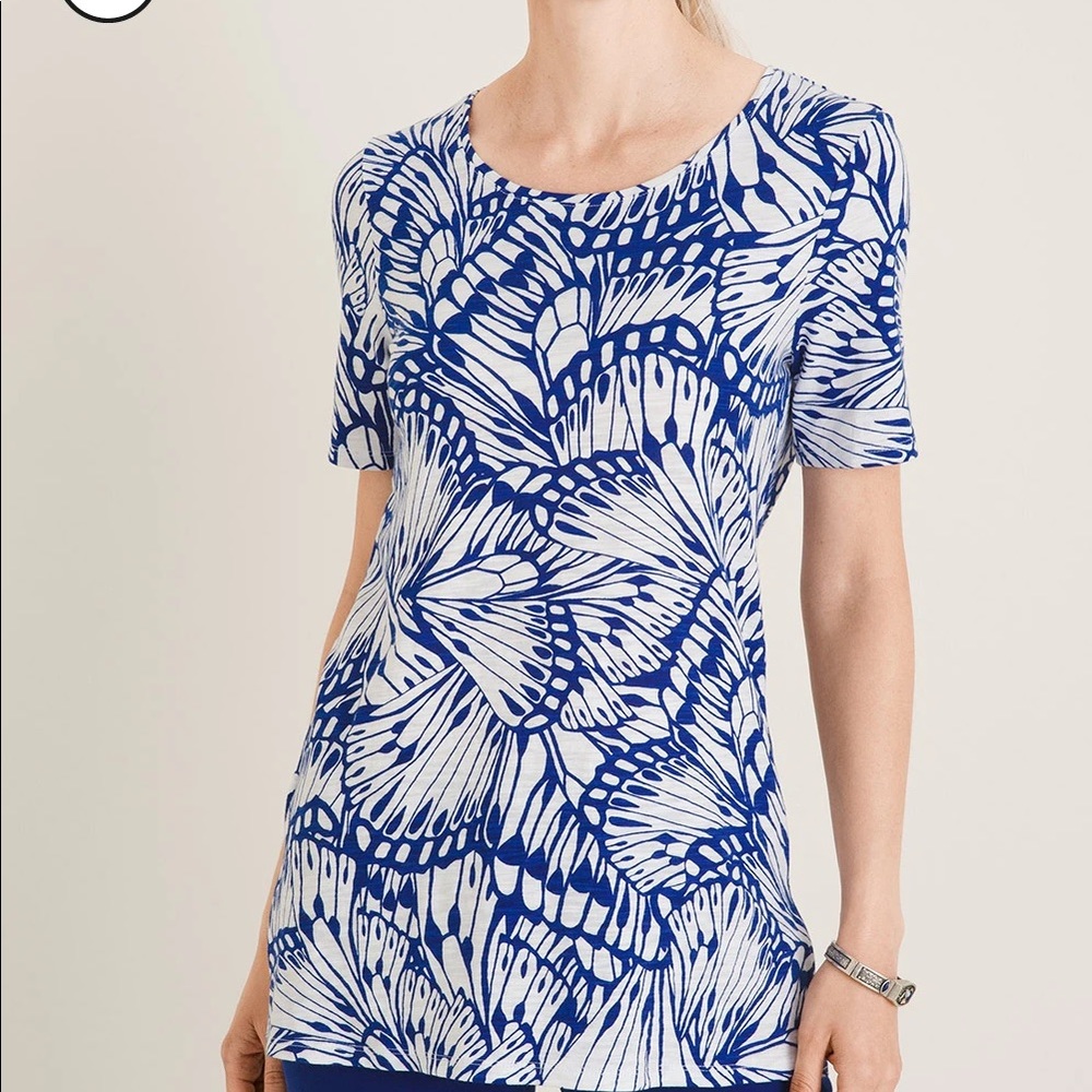 PETITE BUTTON-BACK BUTTERFLY-PRINT SLUB TEE